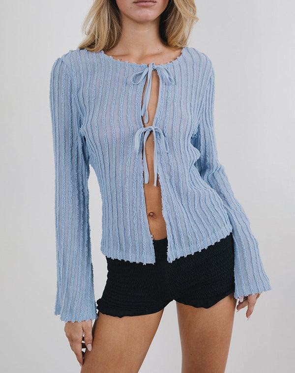 motel rocks Araceli Tie Front Cardigan in Crinkle Blue