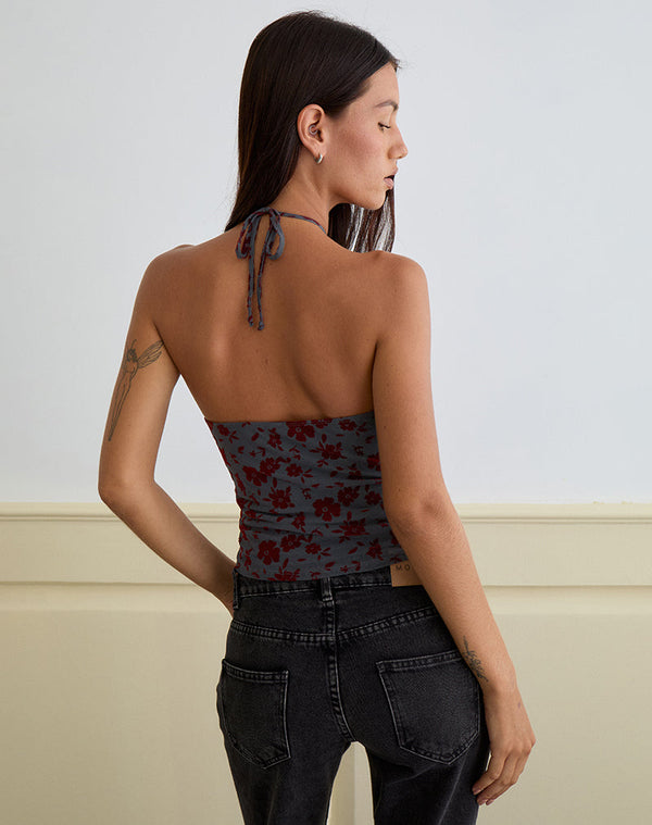 Motel Rocks Arira Halter Top In Garden Floral Blue Grey