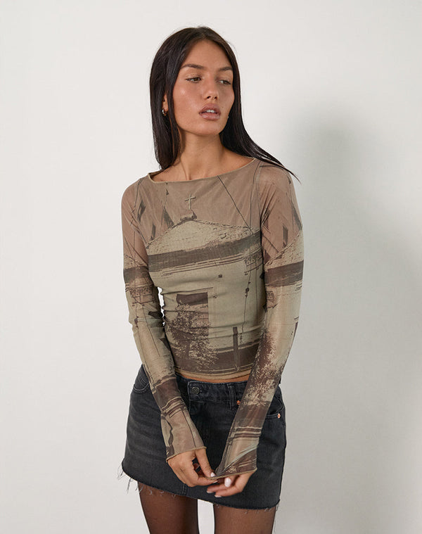 motel rocks Armali Long Sleeve Top in Abstract Historical Green