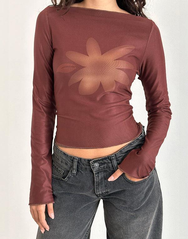 Motel Rocks Armali Long Sleeve Top In Mesh Tonal Flower Brown