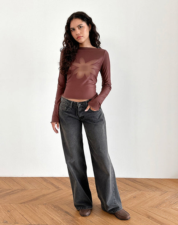 Motel Rocks Armali Long Sleeve Top In Mesh Tonal Flower Brown