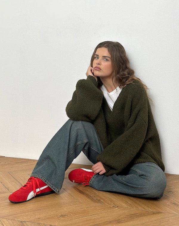 Motel Rocks Asato Chunky V Neck Jumper In Brushed Khaki