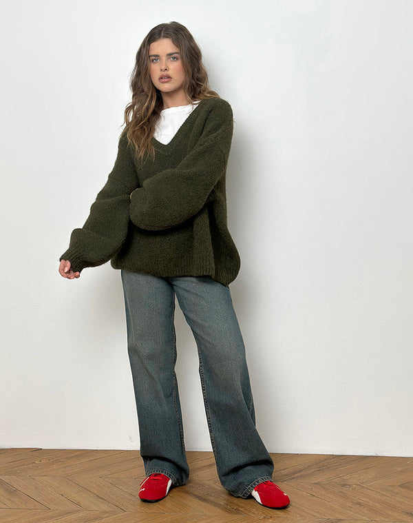 Motel Rocks Asato Chunky V Neck Jumper In Brushed Khaki