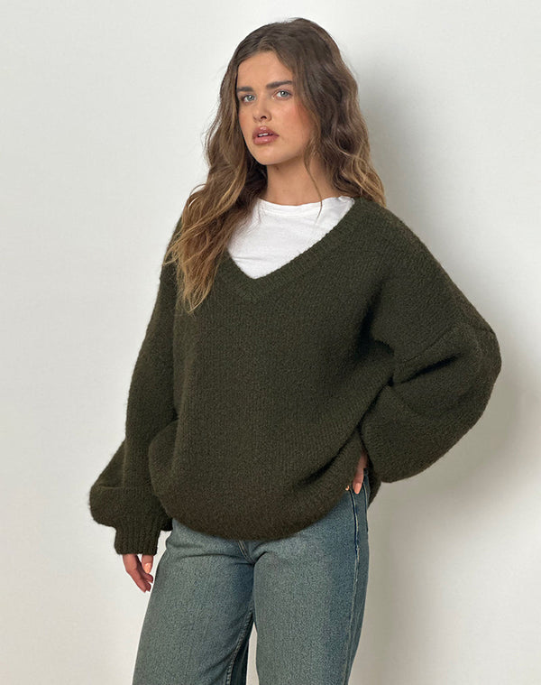 motel rocks Asato Chunky V Neck Jumper in Brushed Khaki