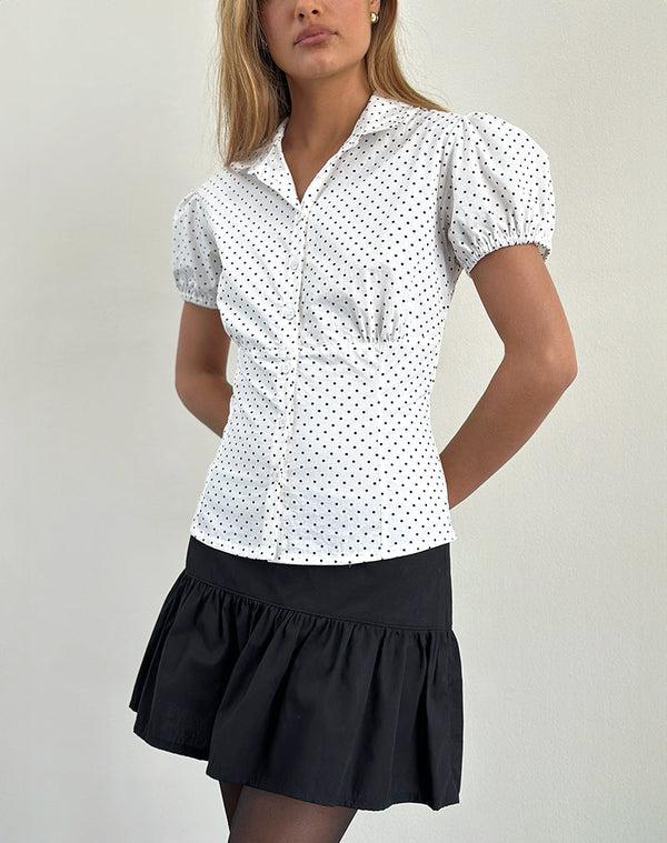 Motel Rocks Aspen Puff Sleeve Blouse In Micro Polka White And Black