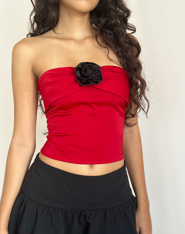 Motel Rocks Astrum Satin Bandeau Top In Red With Black Rose