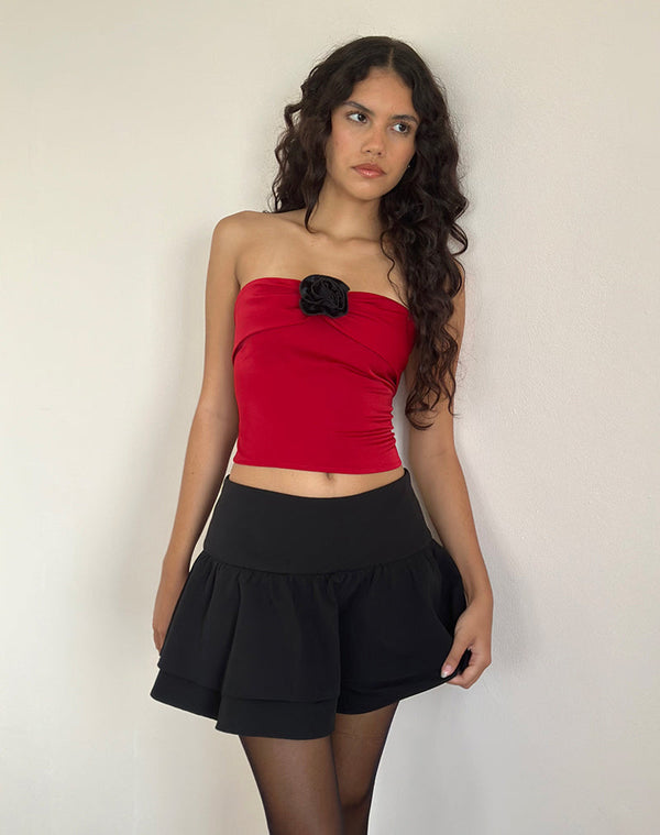 motel rocks Astrum Satin Bandeau Top in Red with Black Rose