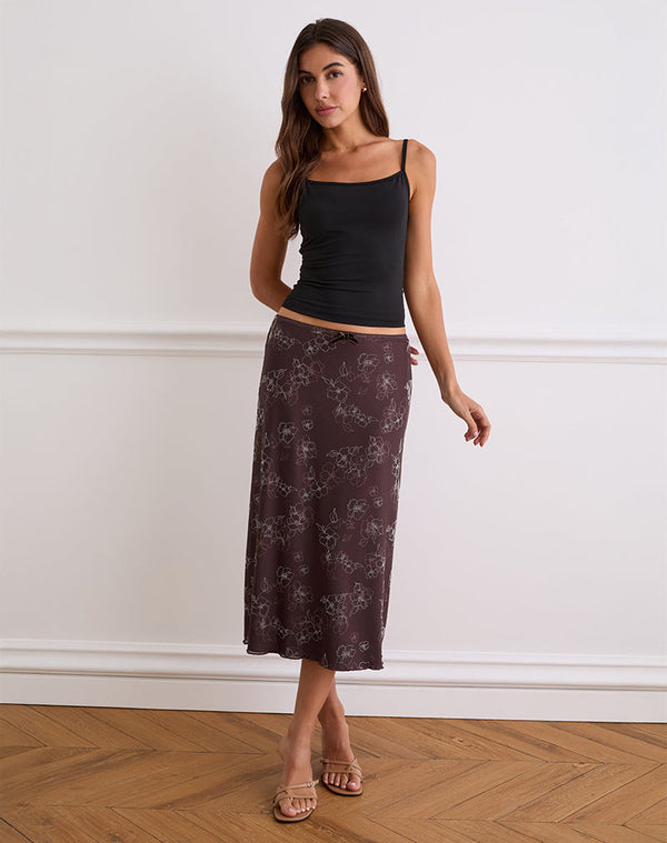 Motel Rocks Atira Midi Skirt In Doodle Flower Flock Brown