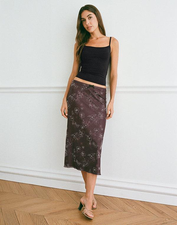 Motel Rocks Atira Midi Skirt In Doodle Flower Flock Brown
