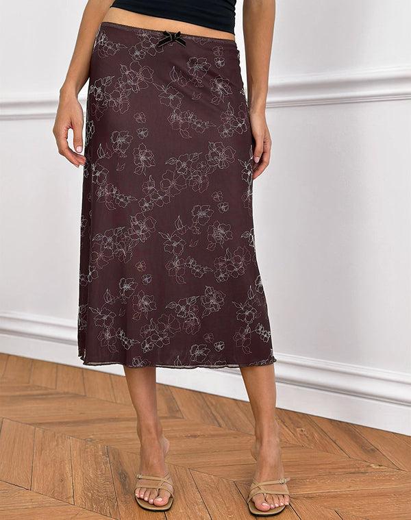 motel rocks Atira Midi Skirt in Doodle Flower Flock Brown
