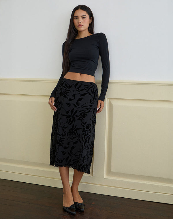 Motel Rocks Atira Midi Skirt In Flock Leaf Flower Black