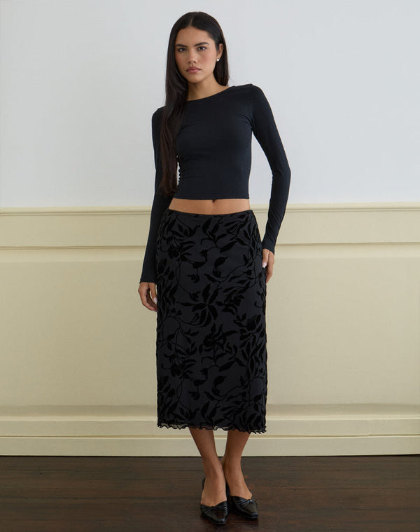 Motel Rocks Atira Midi Skirt In Flock Leaf Flower Black