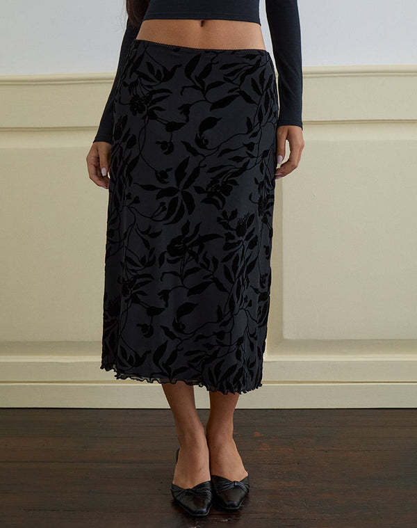 motel rocks Atira Midi Skirt in Flock Leaf Flower Black
