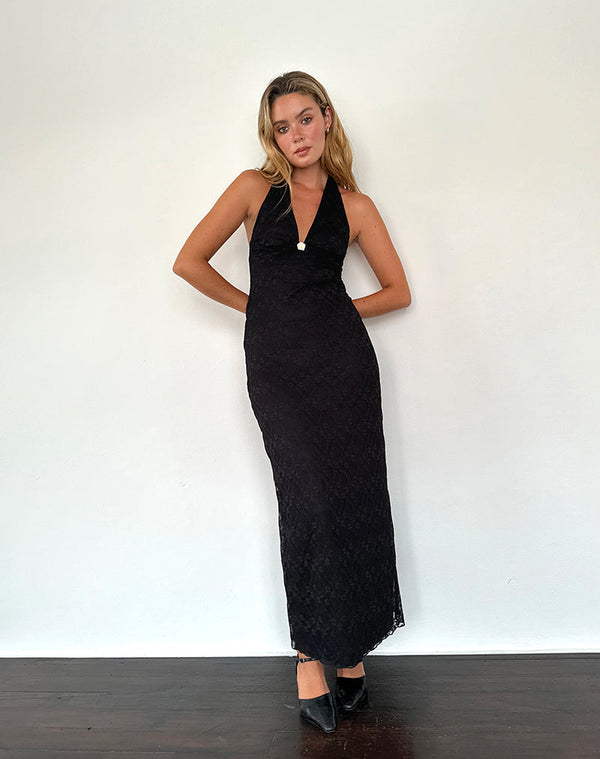 motel rocks Atma Halterneck Maxi Dress in Canina Lace Black