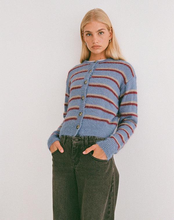 Motel Rocks Audrina Cardigan In Blue And Red Stripe