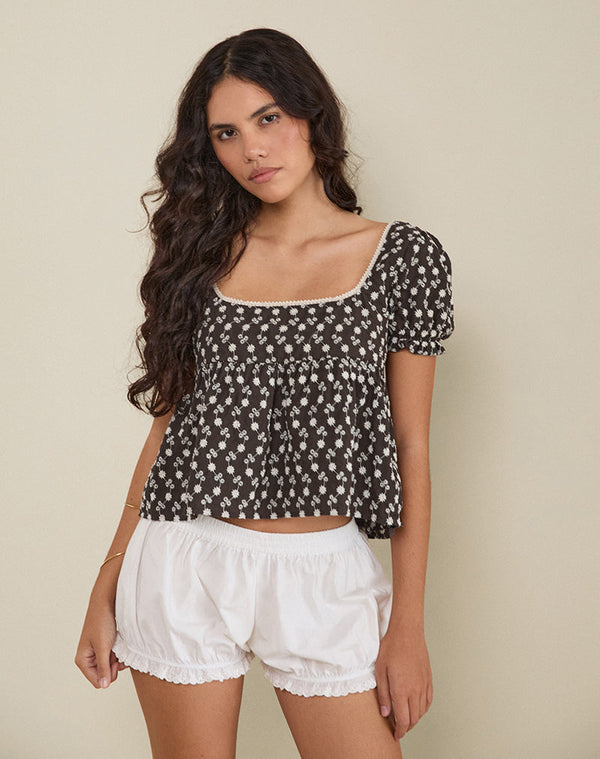 motel rocks Axoni Square Neck Blouse in Floral Broderie Brown