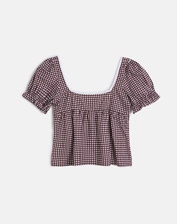 Motel Rocks Axoni Square Neck Blouse In Mini Gingham Wine