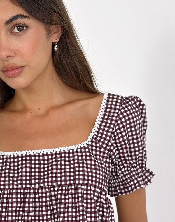 Motel Rocks Axoni Square Neck Blouse In Mini Gingham Wine
