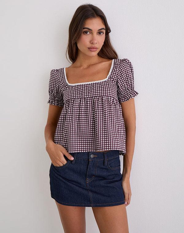 motel rocks Axoni Square Neck Blouse in Mini Gingham Wine