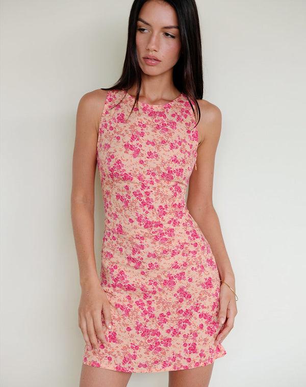 Motel Rocks Ayana Backless Mini Dress In Dark Wild Flower Cantaloupe