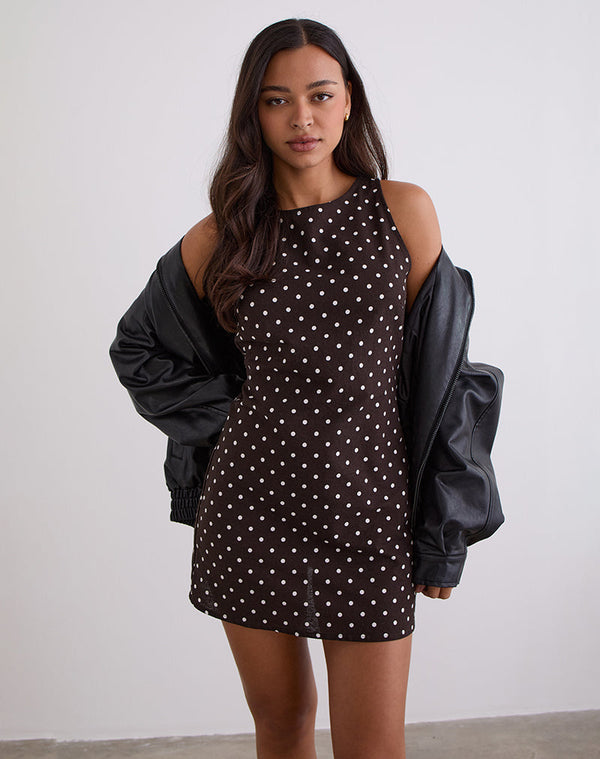 motel rocks Ayana Open Back Mini Dress in Medium Polka Brown