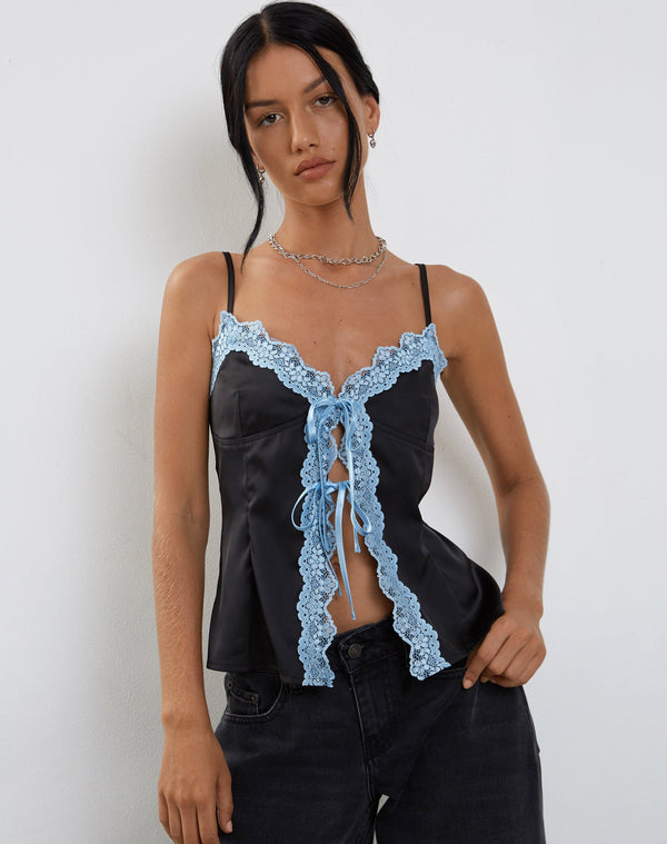 Motel Rocks Bahela Tie Front Cami Top In Black With Blue Lace