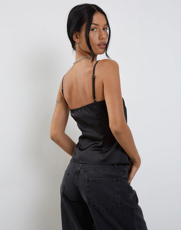 Motel Rocks Bahela Tie Front Cami Top In Black With Blue Lace