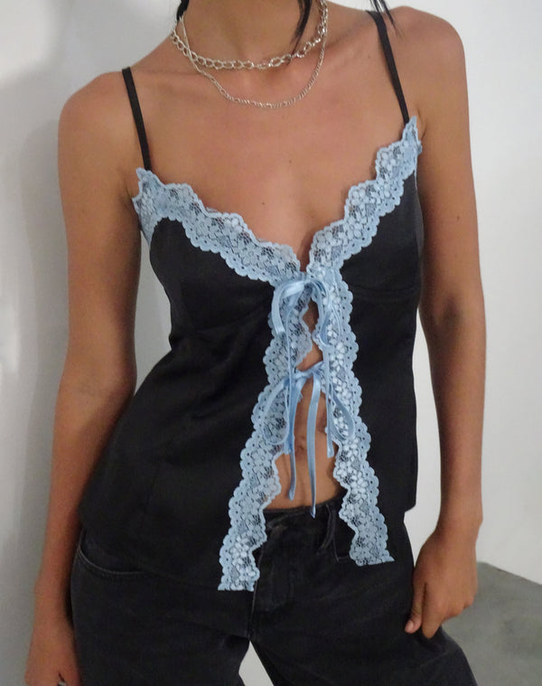 motel rocks Bahela Tie Front Cami Top in Black with Blue Lace