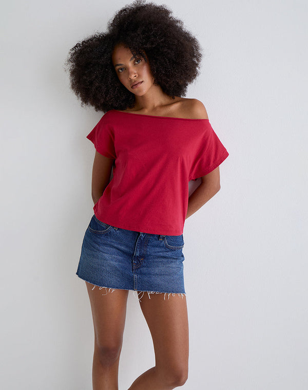 Motel Rocks Balia Asymmetric Short Sleeve Basic Top In Adrenaline Red