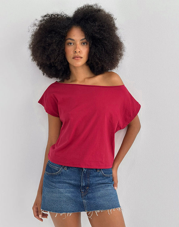 Motel Rocks Balia Asymmetric Short Sleeve Basic Top In Adrenaline Red