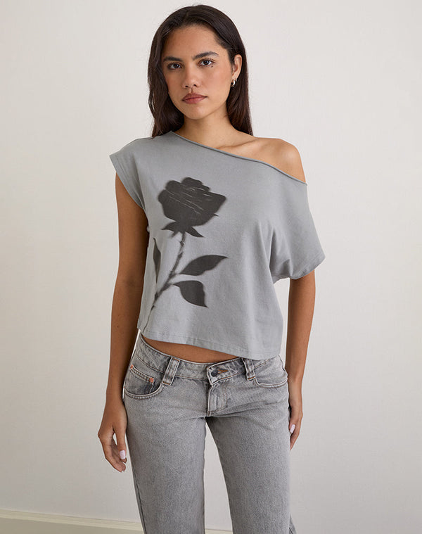 Motel Rocks Balia Asymmetric Short Sleeve Basic Top In Grey With Blurred Rose Print