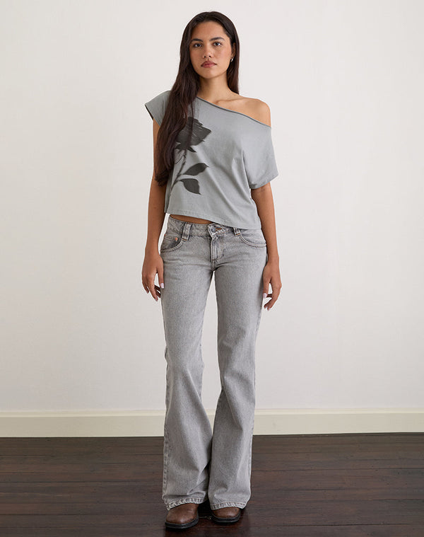 Motel Rocks Balia Asymmetric Short Sleeve Basic Top In Grey With Blurred Rose Print