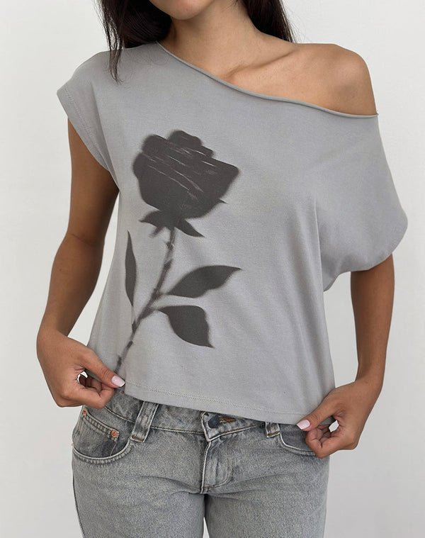 motel rocks Balia Asymmetric Short Sleeve Basic Top in Grey with Blurred Rose Print