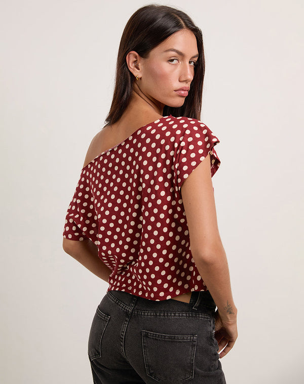 Motel Rocks Balia Asymmetric Short Sleeve Top In Polka Wine