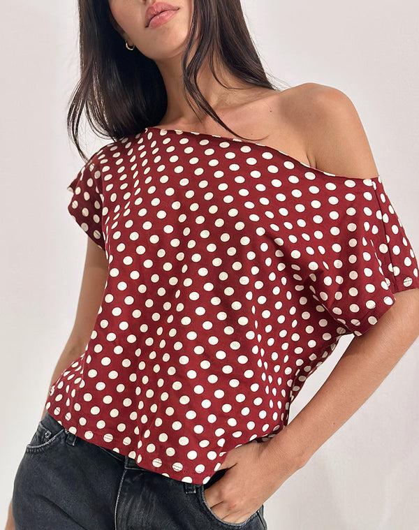 Motel Rocks Balia Asymmetric Short Sleeve Top In Polka Wine