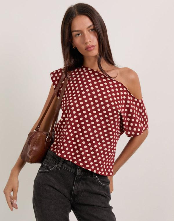 motel rocks Balia Asymmetric Short Sleeve Top in Polka Wine