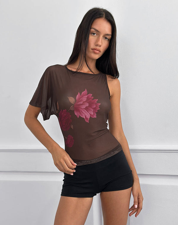Motel Rocks Balsa One Shoulder Top In Brown With Pink Flower Print