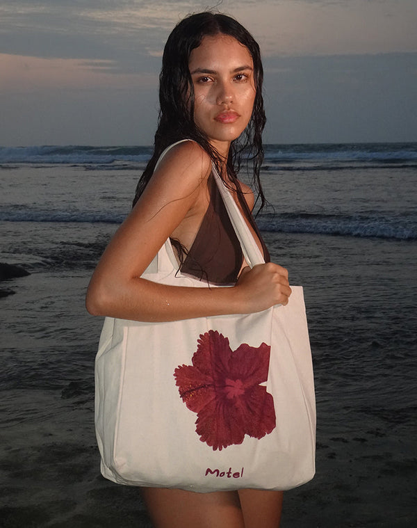 motel rocks Barbara Tote Bag in Ivory with Hibiscus Print