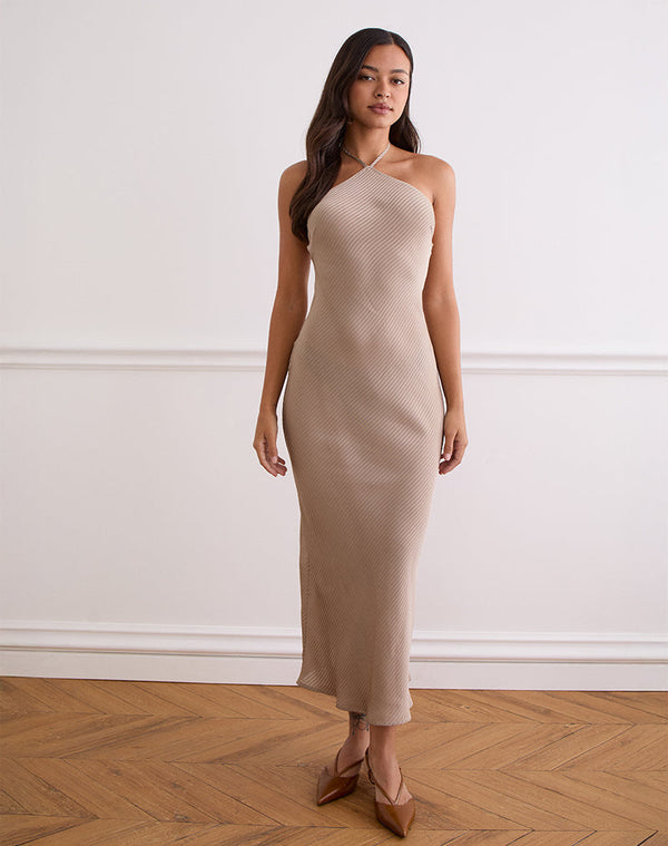 motel rocks Belara Maxi Dress in Satin Stripe Taupe