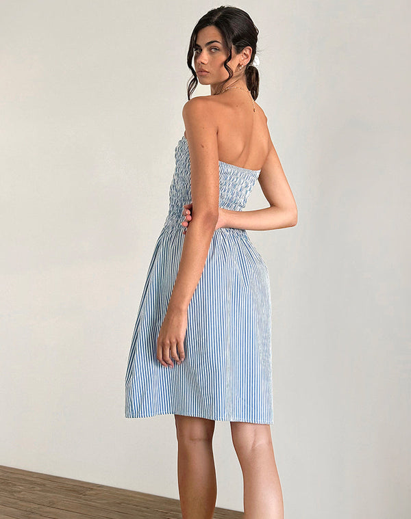 Motel Rocks Belesi Midi Dress In Blue Small Vertical Stripe