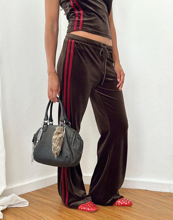 Motel Rocks Belita Trosuers In Brown Velour With Red Side Stripe
