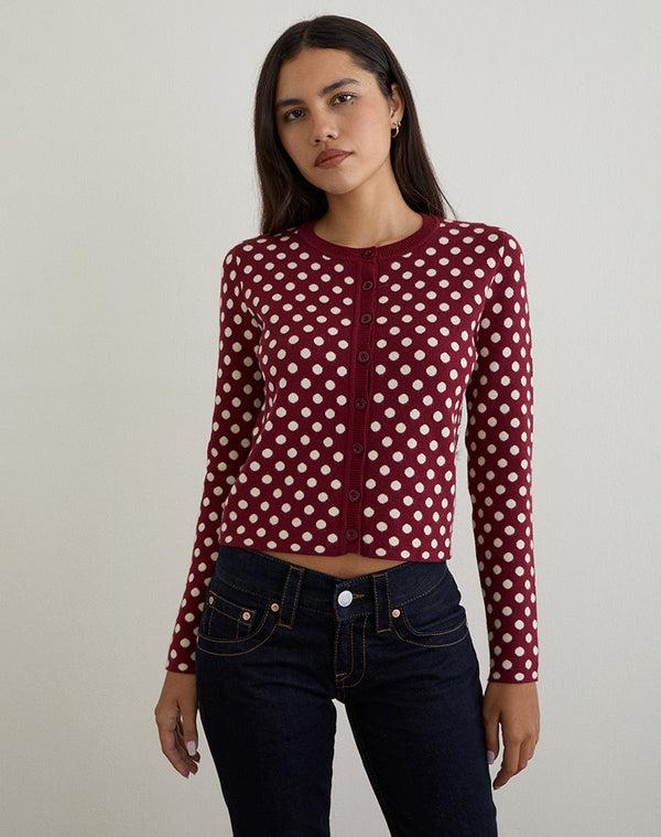 Motel Rocks Bhavina Cardigan In Burgundy With Cream Polka Print