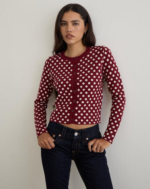 Motel Rocks Bhavina Cardigan In Burgundy With Cream Polka Print