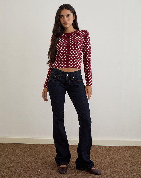 motel rocks Bhavina Cardigan in Burgundy with Cream Polka Print