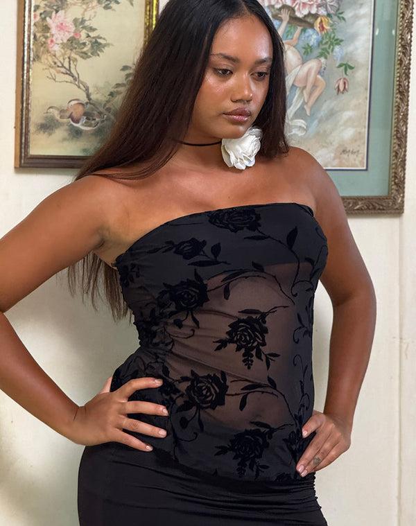 Motel Rocks Bilancia Bandeau Top In Rose Flock Black