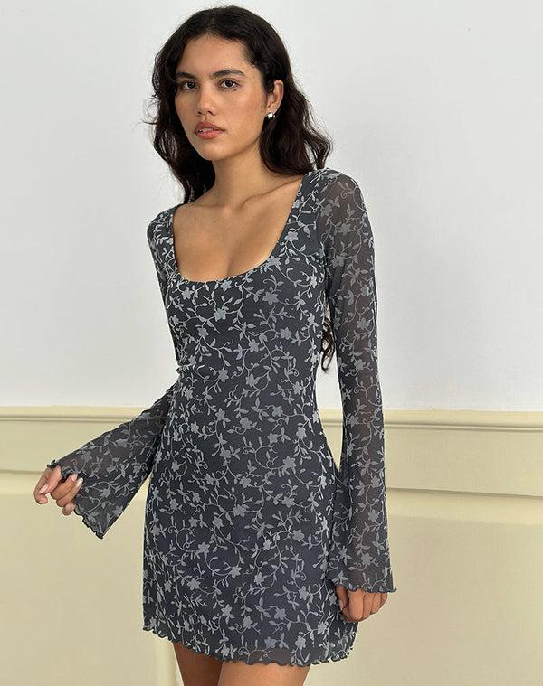 Motel Rocks Bindara Mini Dress In Pretty Petal Flock Dark Grey