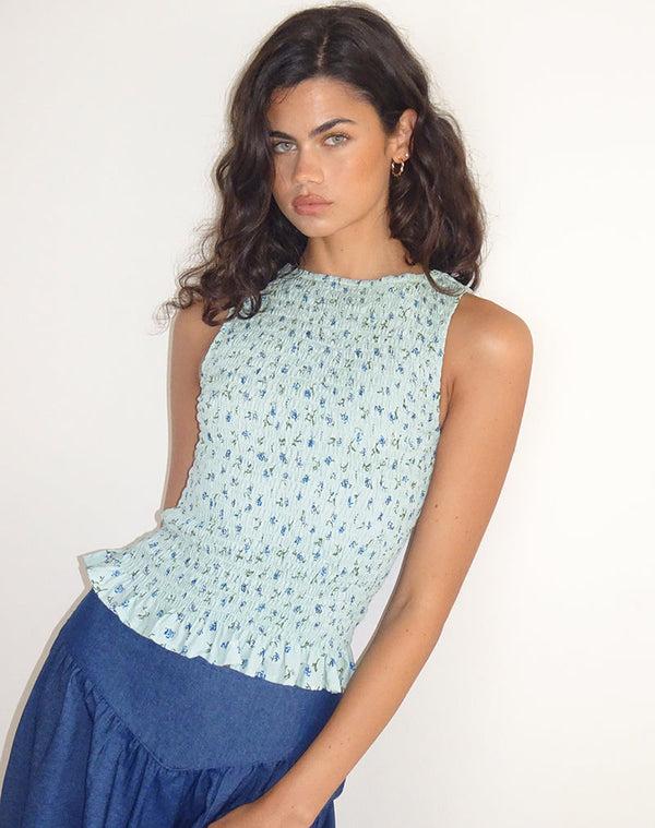 Motel Rocks Birita Shirred Top In Pretty Petal Green