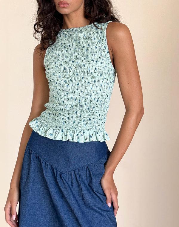 motel rocks Birita Shirred Top in Pretty Petal Green