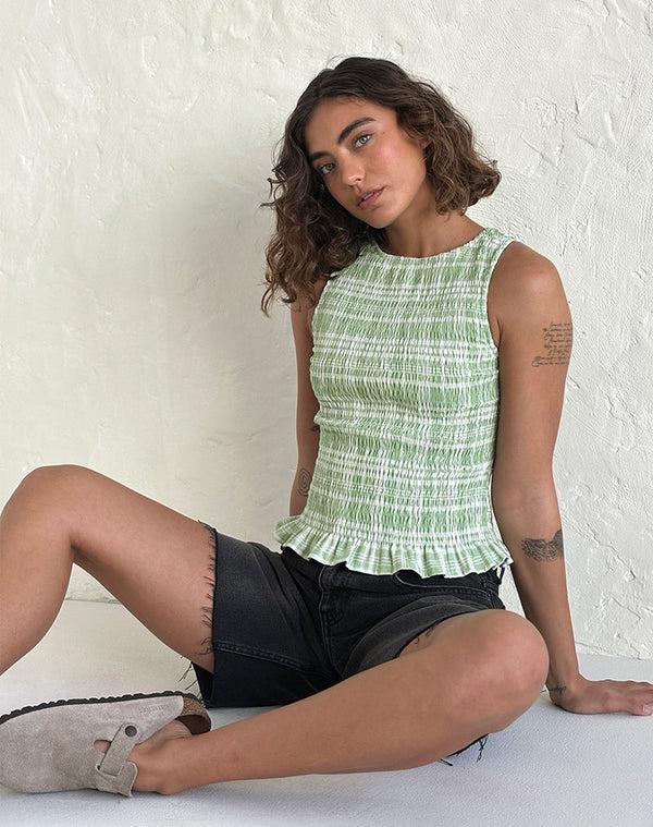 Motel Rocks Birita Shirred Top In Table Cloth Neo Mint