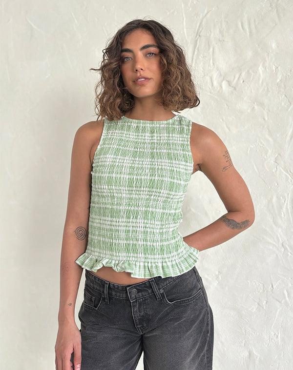 Motel Rocks Birita Shirred Top In Table Cloth Neo Mint